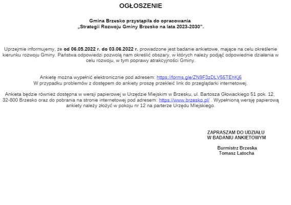 Gmina Brzesko przystąpiła do opracowania  „Strategii Rozwoju Gminy Brzesko na lata 2023-2030”.