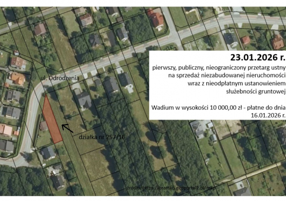 Przetarg ustny na zbycie niezabudowanej nieruchomości gruntowej, położonej w Brzesku, przy ul. Odrodzenia