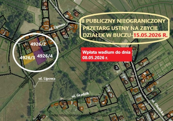 Ogłoszenie o przetargu - zbycie niezabudowanej nieruchomości w miejscowości Bucze
