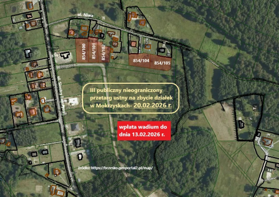 Ogłoszenie o trzecim przetargu - na zbycie niezabudowanej nieruchomości gruntowej  położonej w miejscowości Mokrzyska