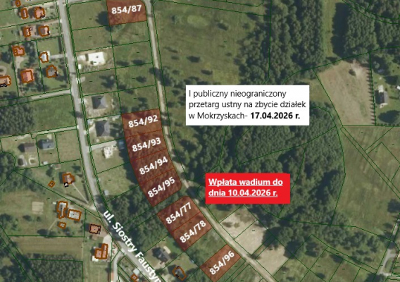 Przetarg ustny na zbycie niezabudowanej nieruchomości gruntowej w miejscowości Mokrzyska