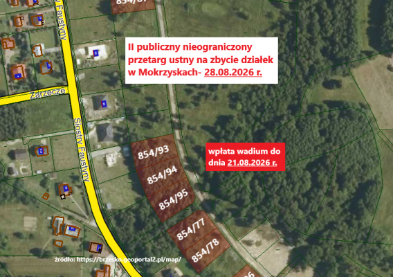 Drugi publiczny nieograniczony przetarg ustny na zbycie nieruchomości gruntowej  położonej w miejscowości Mokrzyska