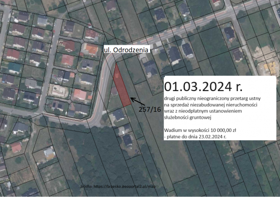 Przetarg ustny na zbycie niezabudowanej nieruchomości położonej w Brzesku, przy ul. Odrodzenia