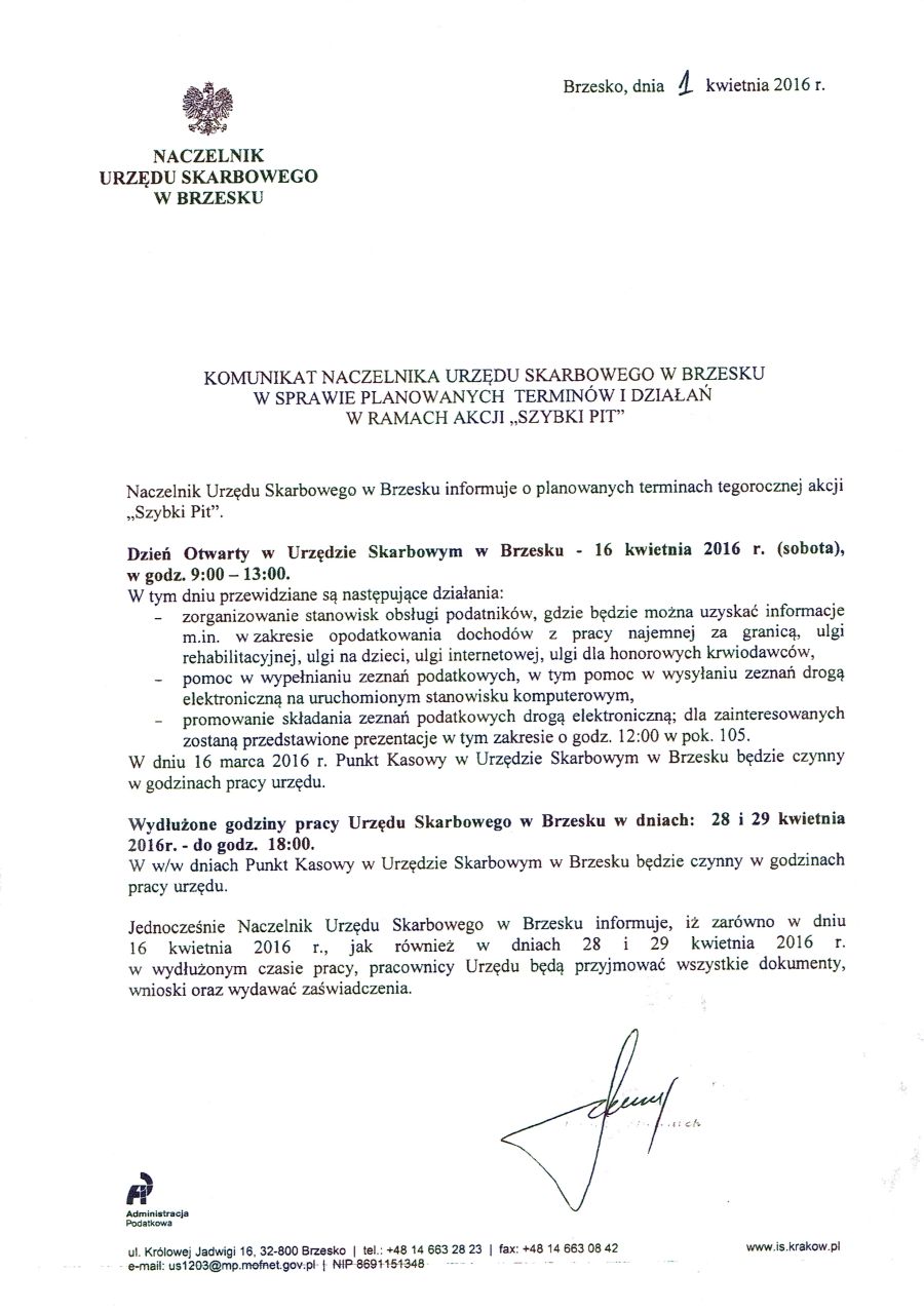 KOMUNIKAT NACZELNIKA URZĘDU SKARBOWEGO 