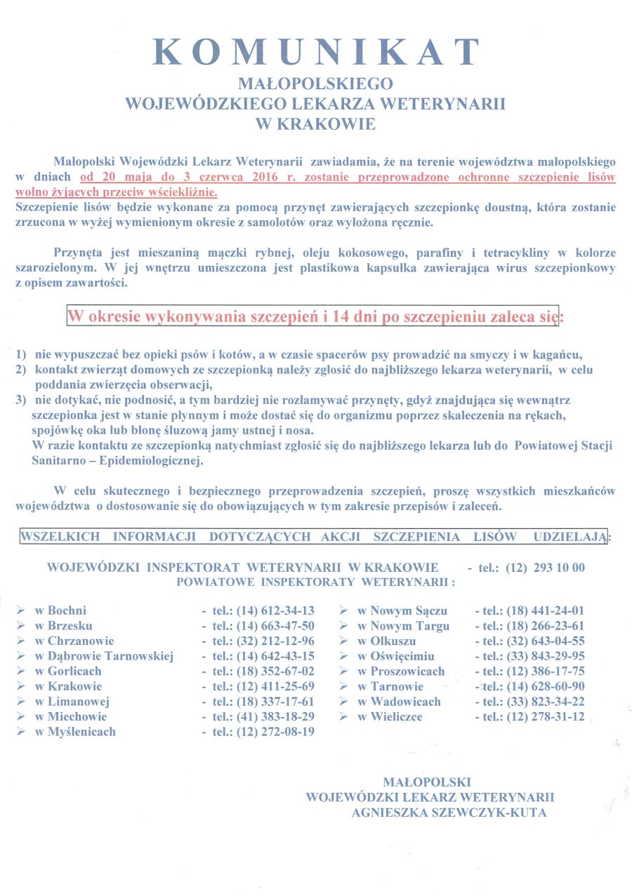 Komunikat lekarza weterynarii w Krakowie