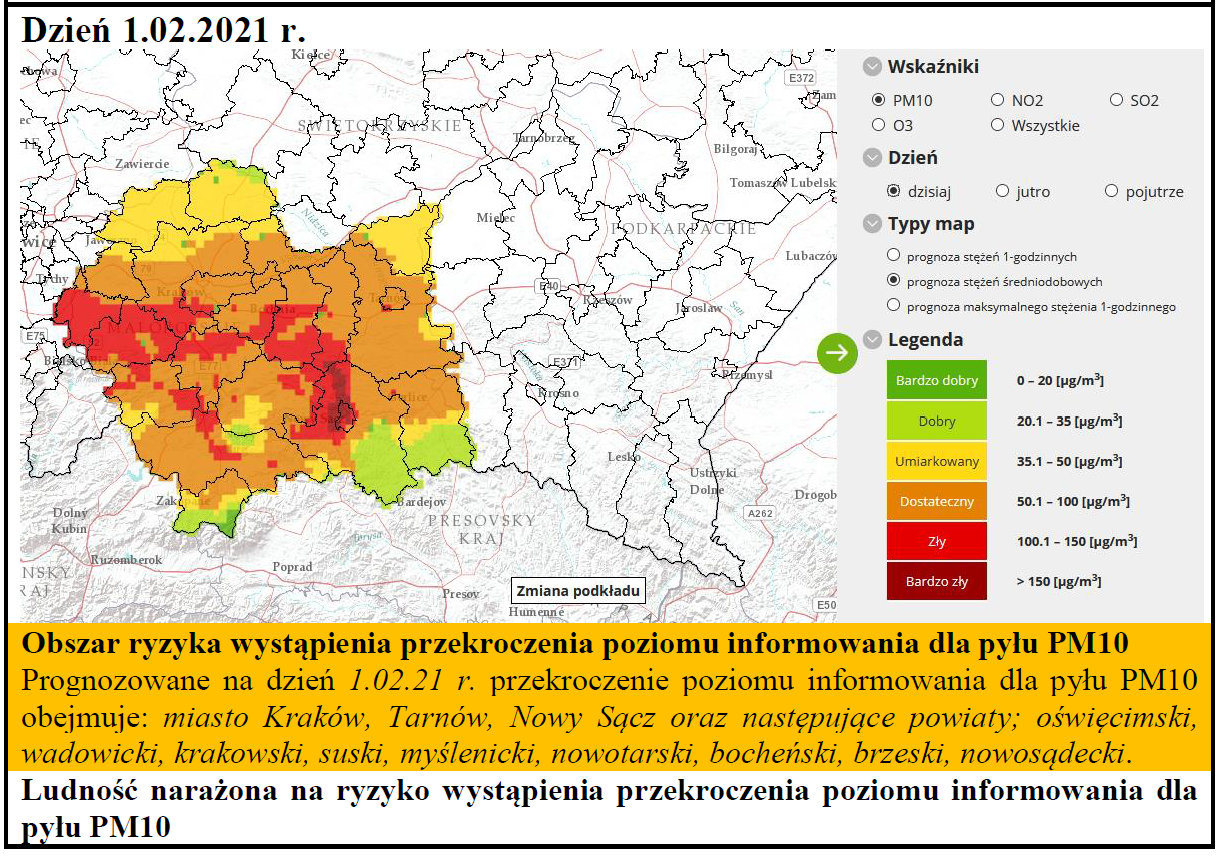 Powiadomienie o ryzyku wystąpienia przekroczenia  poziomu informowania dla pyłu zawieszonego PM10 w powietrzu