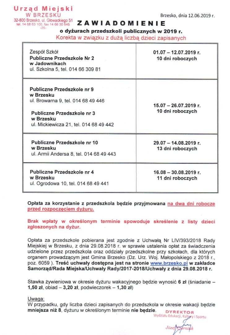 Wakacyjny harmonogram pracy przedszkoli