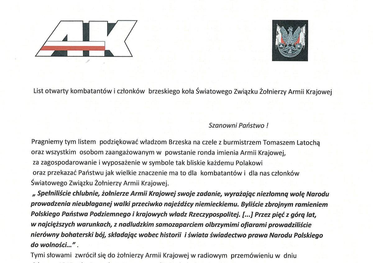 List otwarty kombatantów i członków  brzeskiego koła Światowego Związku Żołnierzy Armii Krajowej
