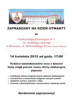 Zaproszenie na dzień otwarty szkoły