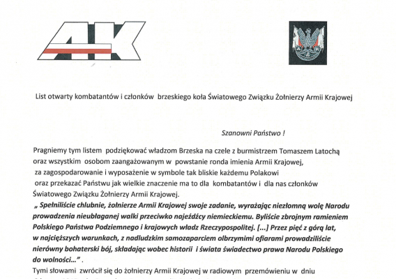 List otwarty kombatantów i członków  brzeskiego koła Światowego Związku Żołnierzy Armii Krajowej